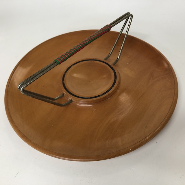 PLATTER, 1950s Teak Platter w Green Red Handle 